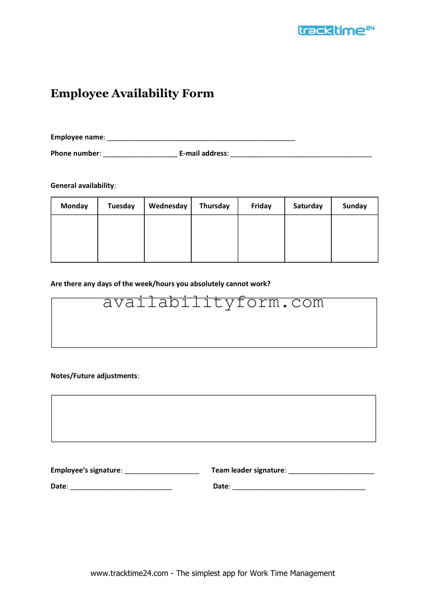 Employee Availability PDF Form